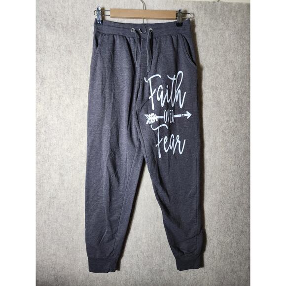 ON FIRE Gray Sweatpants Active "FAITH OVER FEAR" Joggers SZ Juniors M -24" Waist - Picture 1 of 7